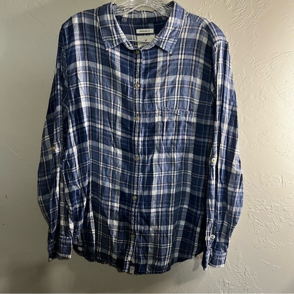 AEO Blue Hooded Cabin Flannel Button Down Shacket - Picture 8 of 8